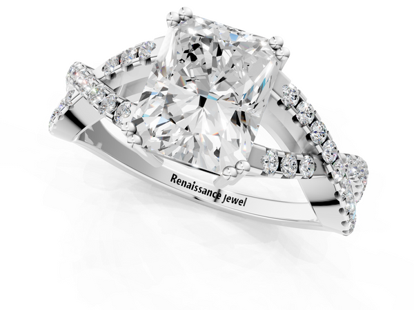 White gold Radiant Solitaire Twist Band with Pavé Setting and Four-Prong Setting_1