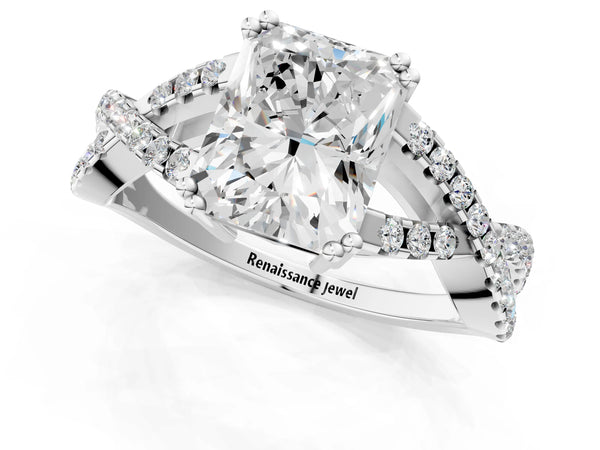 White gold Radiant Solitaire Twist Band with Pavé Setting and Four-Prong Setting_49