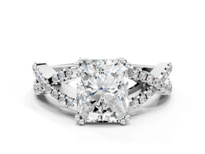 White gold Radiant Solitaire Twist Band with Pavé Setting and Four-Prong Setting_78