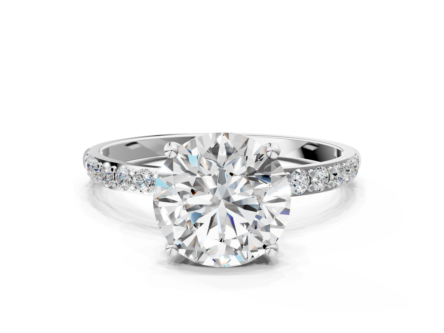 White gold Round Cut Diamond Pavé Band Solitaire Ring with Four-Prong Setting