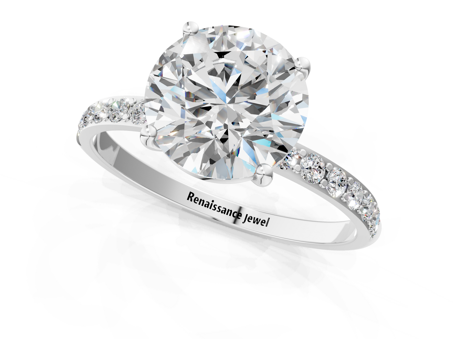 White gold Round Cut Diamond Pavé Band Solitaire Ring with Four-Prong Setting_1