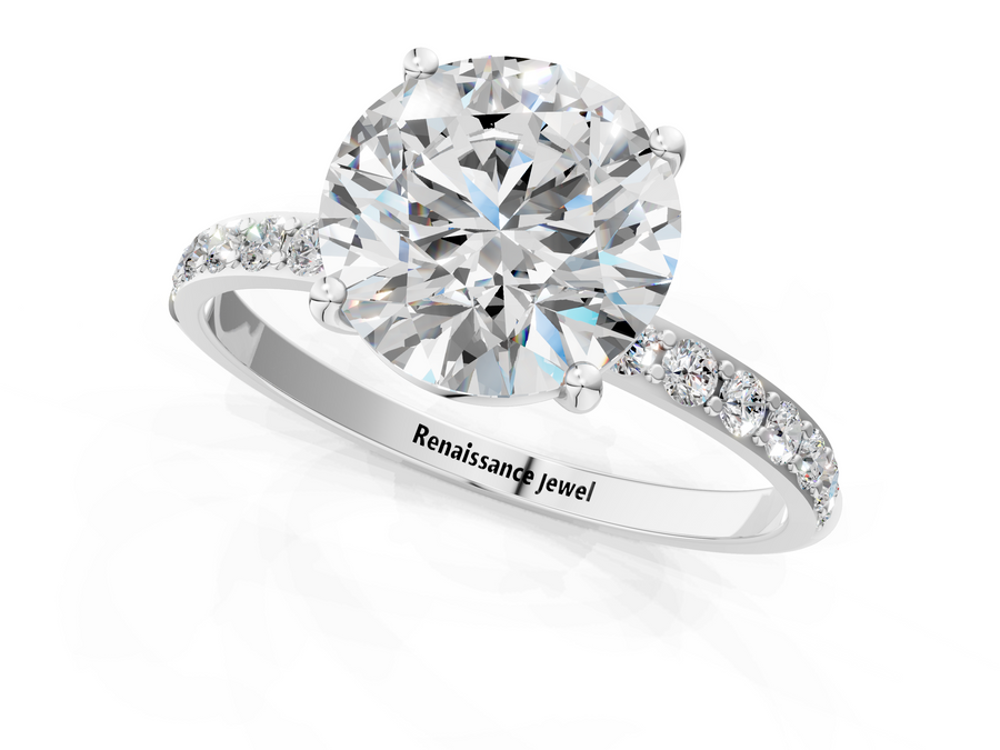 White gold Round Cut Diamond Pavé Band Solitaire Ring with Four-Prong Setting