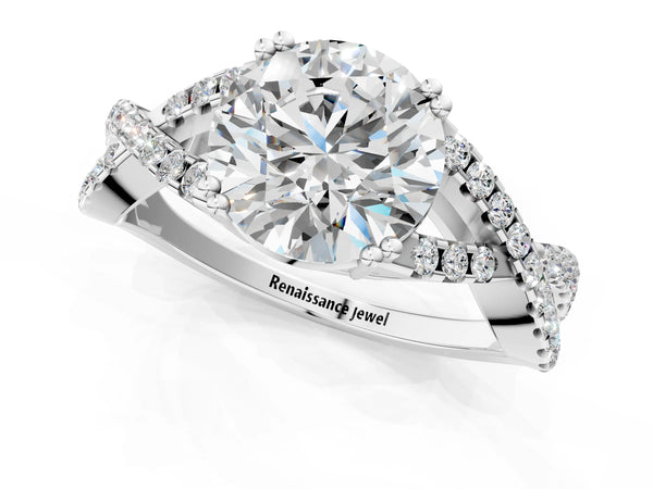White gold Round Solitaire Twist Band with Pavé Setting and Four-Prong Setting_73