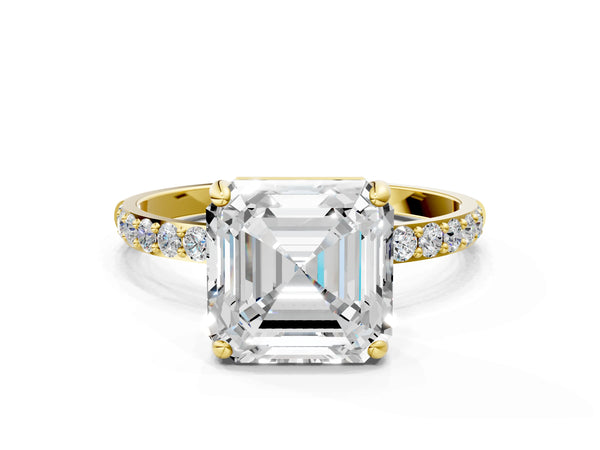 Yellow gold Asscher Cut Diamond Pavé Band Solitaire Ring with Four-Prong Setting_114