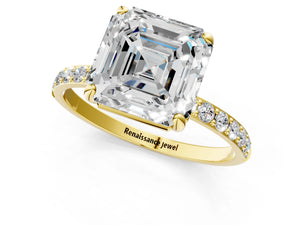 Yellow gold Asscher Cut Diamond Pavé Band Solitaire Ring with Four-Prong Setting_19