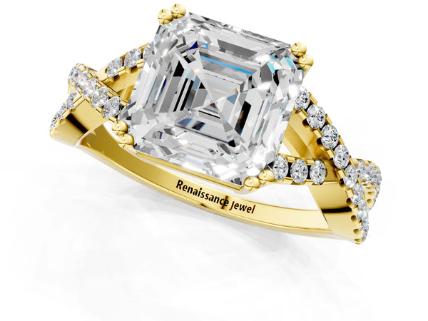 Yellow gold Asscher Solitaire Twist Band with Pavé Setting and Four-Prong Setting_19
