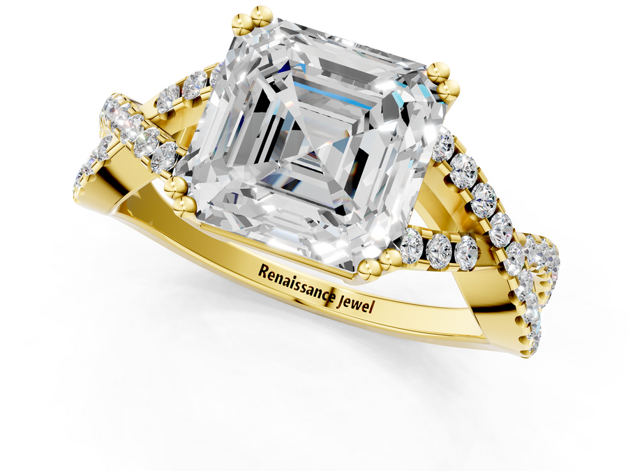 Yellow gold Asscher Solitaire Twist Band with Pavé Setting and Four-Prong Setting