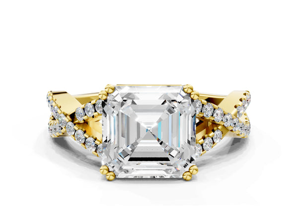 Yellow gold Asscher Solitaire Twist Band with Pavé Setting and Four-Prong Setting_78