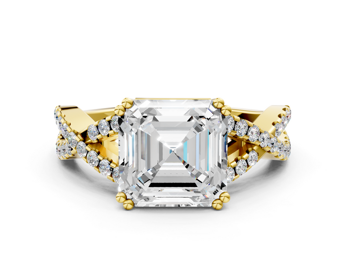 Yellow gold Asscher Solitaire Twist Band with Pavé Setting and Four-Prong Setting