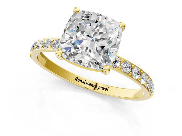 Yellow gold Cushion Cut Diamond Pavé Band Solitaire Ring with Four-Prong Setting_31