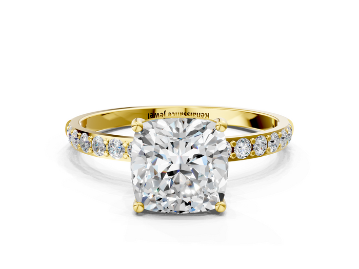 Yellow gold Cushion Cut Diamond Pavé Band Solitaire Ring with Four-Prong Setting