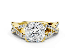 Yellow gold Cushion Solitaire Twist Band with Pavé Setting and Four-Prong Setting_18