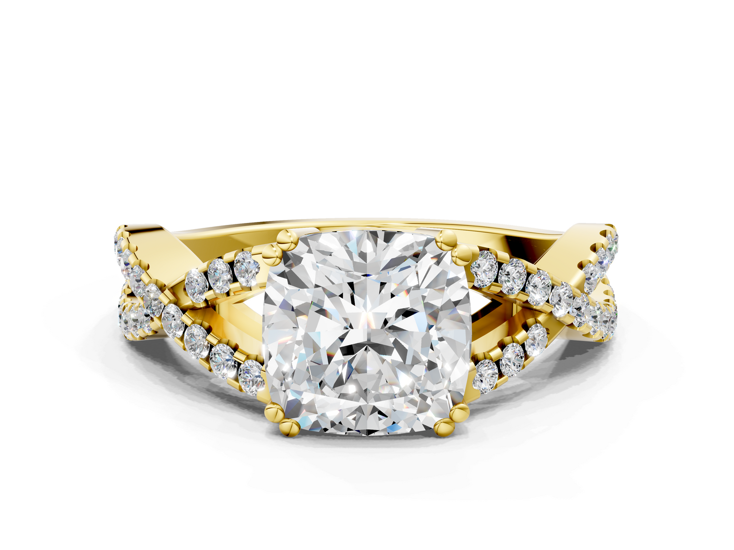 Yellow gold Cushion Solitaire Twist Band with Pavé Setting and Four-Prong Setting