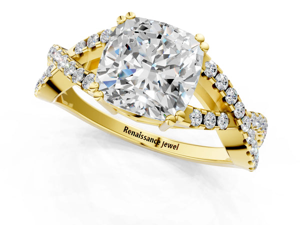 Yellow gold Cushion Solitaire Twist Band with Pavé Setting and Four-Prong Setting_31