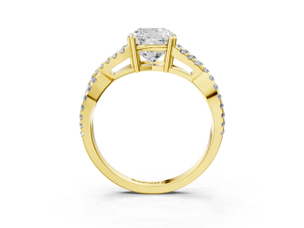 Yellow gold Cushion Solitaire Twist Band with Pavé Setting and Four-Prong Setting_39