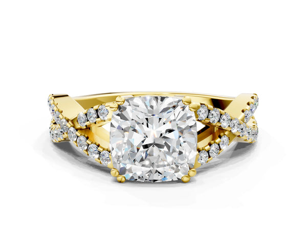 Yellow gold Cushion Solitaire Twist Band with Pavé Setting and Four-Prong Setting_42