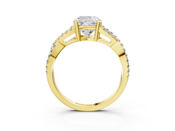 Yellow gold Cushion Solitaire Twist Band with Pavé Setting and Four-Prong Setting_45