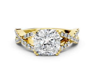 Yellow gold Cushion Solitaire Twist Band with Pavé Setting and Four-Prong Setting_66