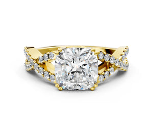 Yellow gold Cushion Solitaire Twist Band with Pavé Setting and Four-Prong Setting_72