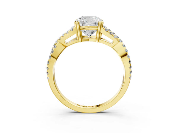 Yellow gold Cushion Solitaire Twist Band with Pavé Setting and Four-Prong Setting_75