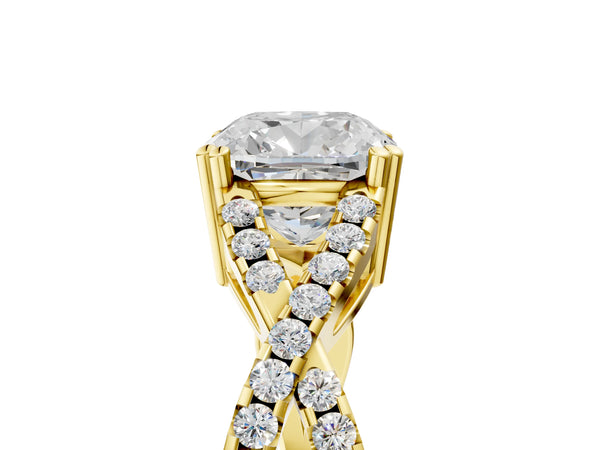 Yellow gold Cushion Solitaire Twist Band with Pavé Setting and Four-Prong Setting_77