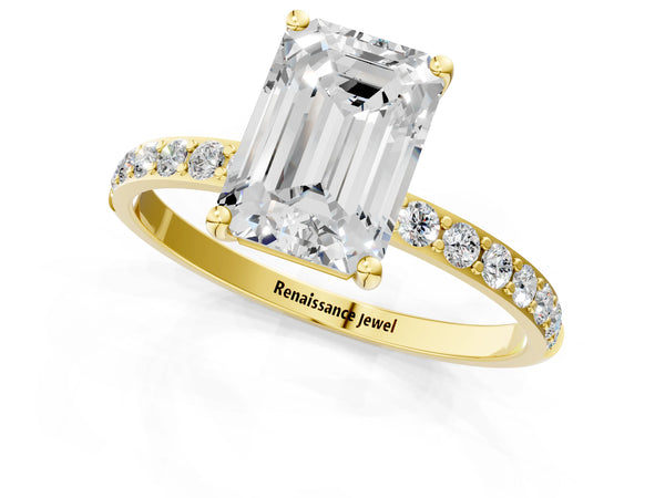 Yellow gold Emerald Cut Diamond Pavé Band Solitaire Ring with Four-Prong Setting_97