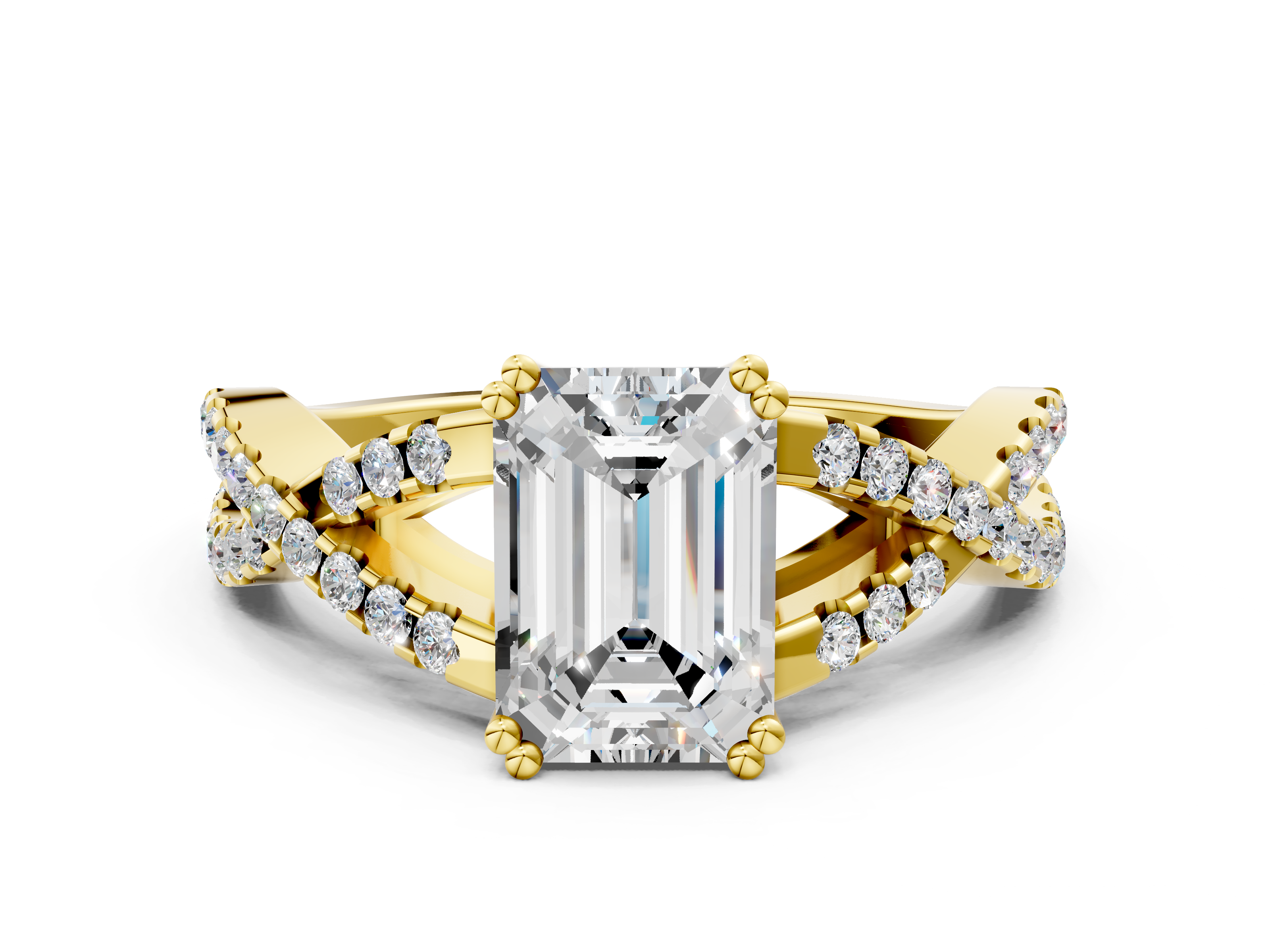 Yellow gold Emerald Solitaire Twist Band with Pavé Setting and Four-Prong Setting
