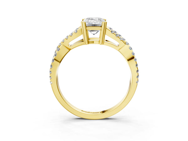 Yellow gold Emerald Solitaire Twist Band with Pavé Setting and Four-Prong Setting_57