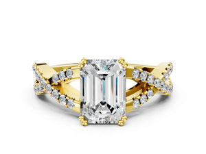 Yellow gold Emerald Solitaire Twist Band with Pavé Setting and Four-Prong Setting_72
