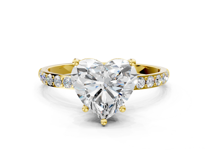 Yellow gold Heart Cut Diamond Pavé Band Solitaire Ring with Four-Prong Setting