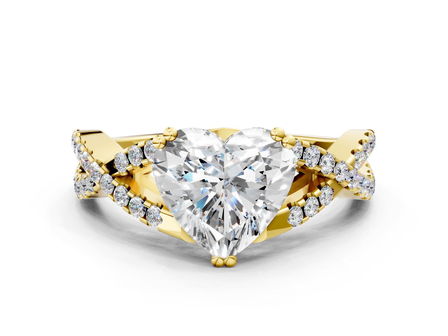Yellow gold Heart Solitaire Twist Band with Pavé Setting and Four-Prong Setting