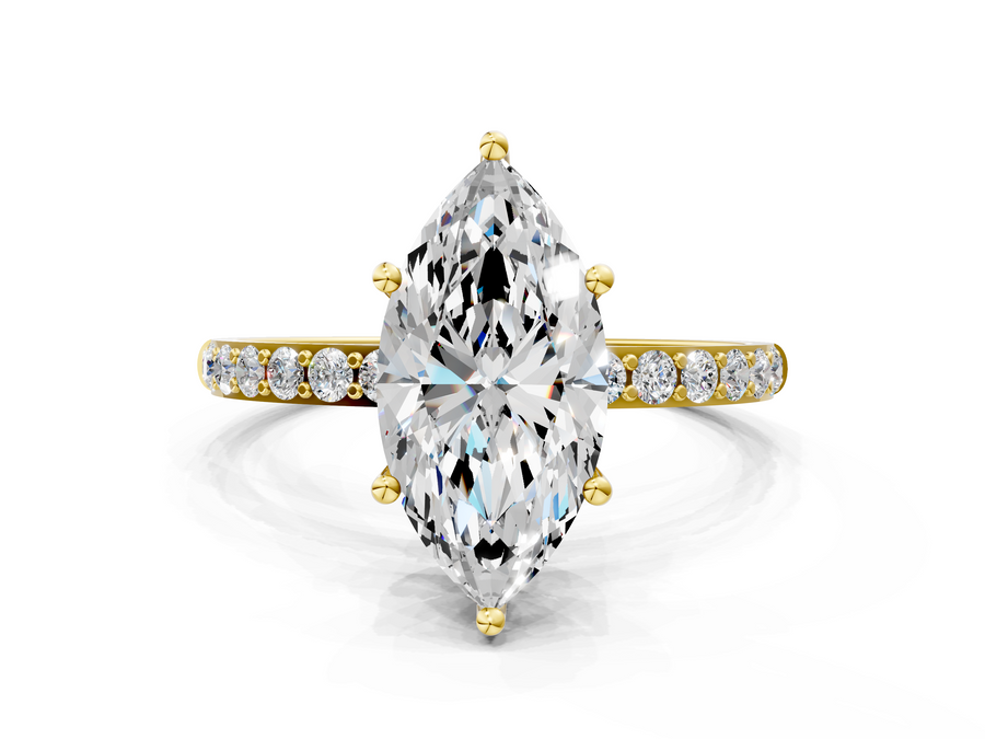 Yellow gold Marquise Cut Diamond Pavé Band Solitaire Ring with Four-Prong Setting