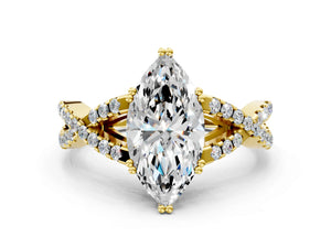 Yellow gold Marquise Solitaire Twist Band with Pavé Setting and Four-Prong Setting_18