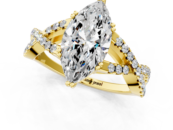 Yellow gold Marquise Solitaire Twist Band with Pavé Setting and Four-Prong Setting_1