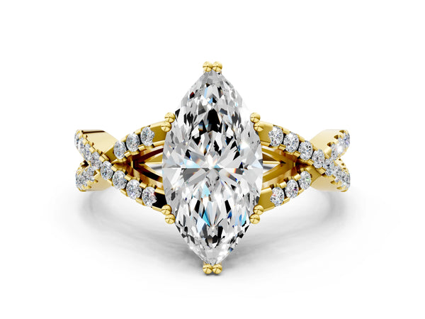 Yellow gold Marquise Solitaire Twist Band with Pavé Setting and Four-Prong Setting_48
