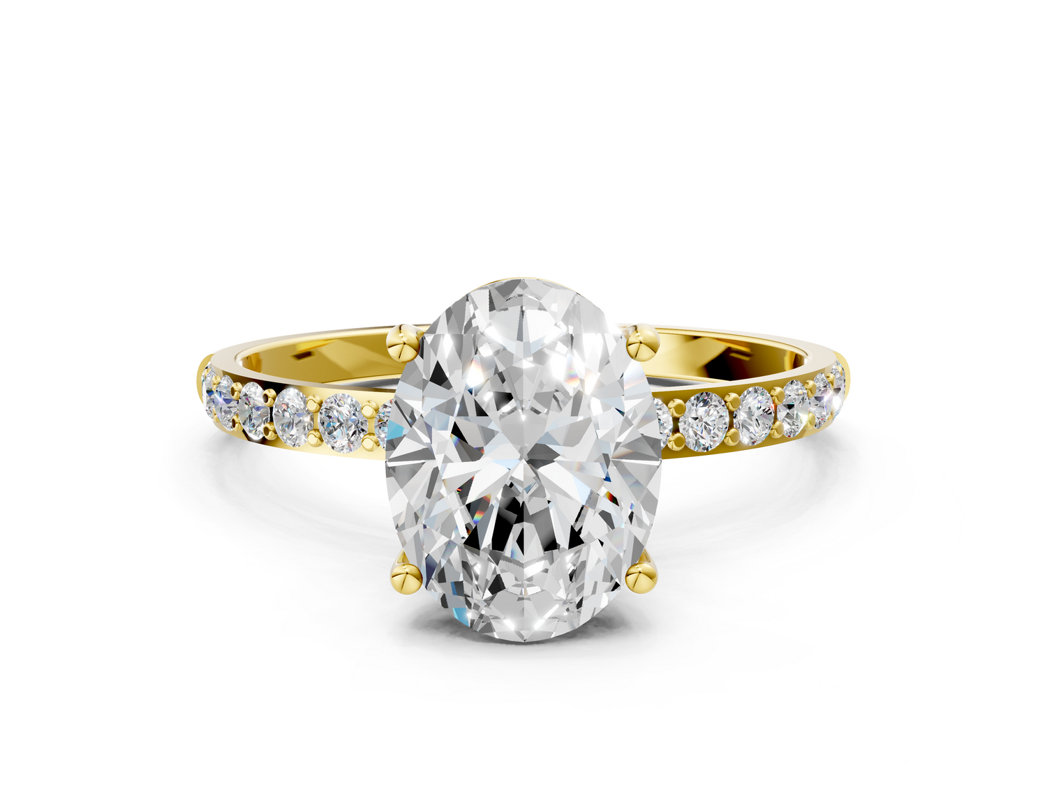 Yellow gold Oval Cut Diamond Pavé Band Solitaire Ring with Four-Prong Setting