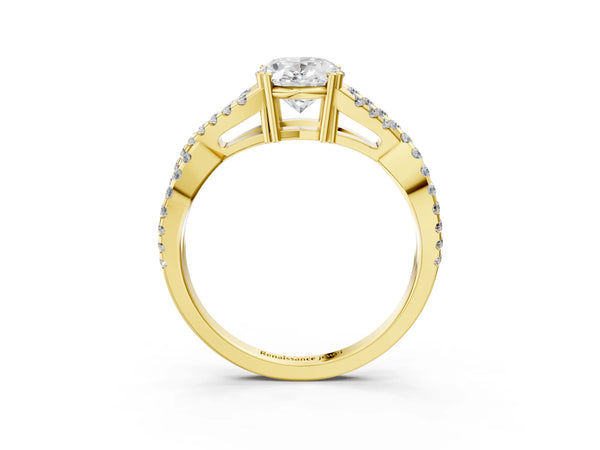 Yellow gold Oval Solitaire Twist Band with Pavé Setting and Four-Prong Setting_33