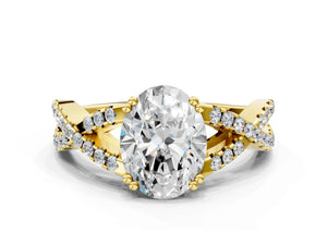 Yellow gold Oval Solitaire Twist Band with Pavé Setting and Four-Prong Setting_42