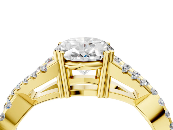 Yellow gold Oval Solitaire Twist Band with Pavé Setting and Four-Prong Setting_46