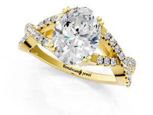 Yellow gold Oval Solitaire Twist Band with Pavé Setting and Four-Prong Setting_55