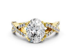 Yellow gold Oval Solitaire Twist Band with Pavé Setting and Four-Prong Setting_66