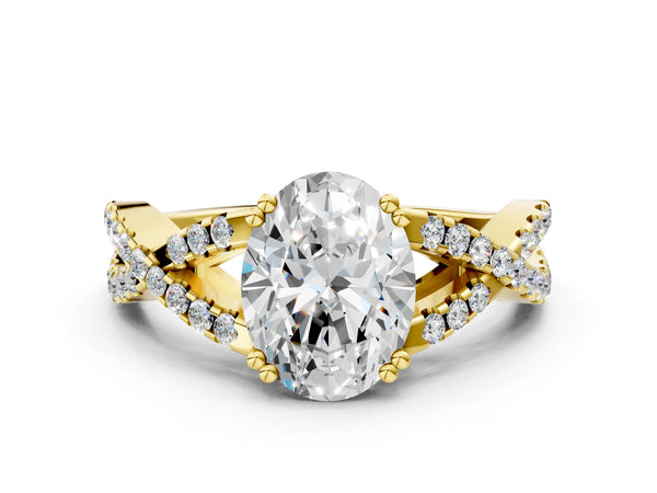 Yellow gold Oval Solitaire Twist Band with Pavé Setting and Four-Prong Setting_66