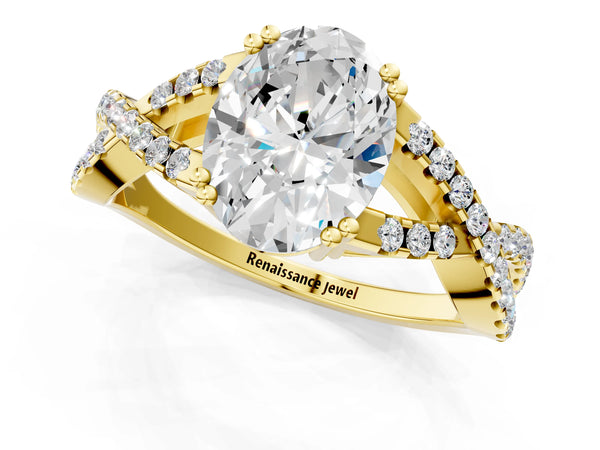 Yellow gold Oval Solitaire Twist Band with Pavé Setting and Four-Prong Setting_73