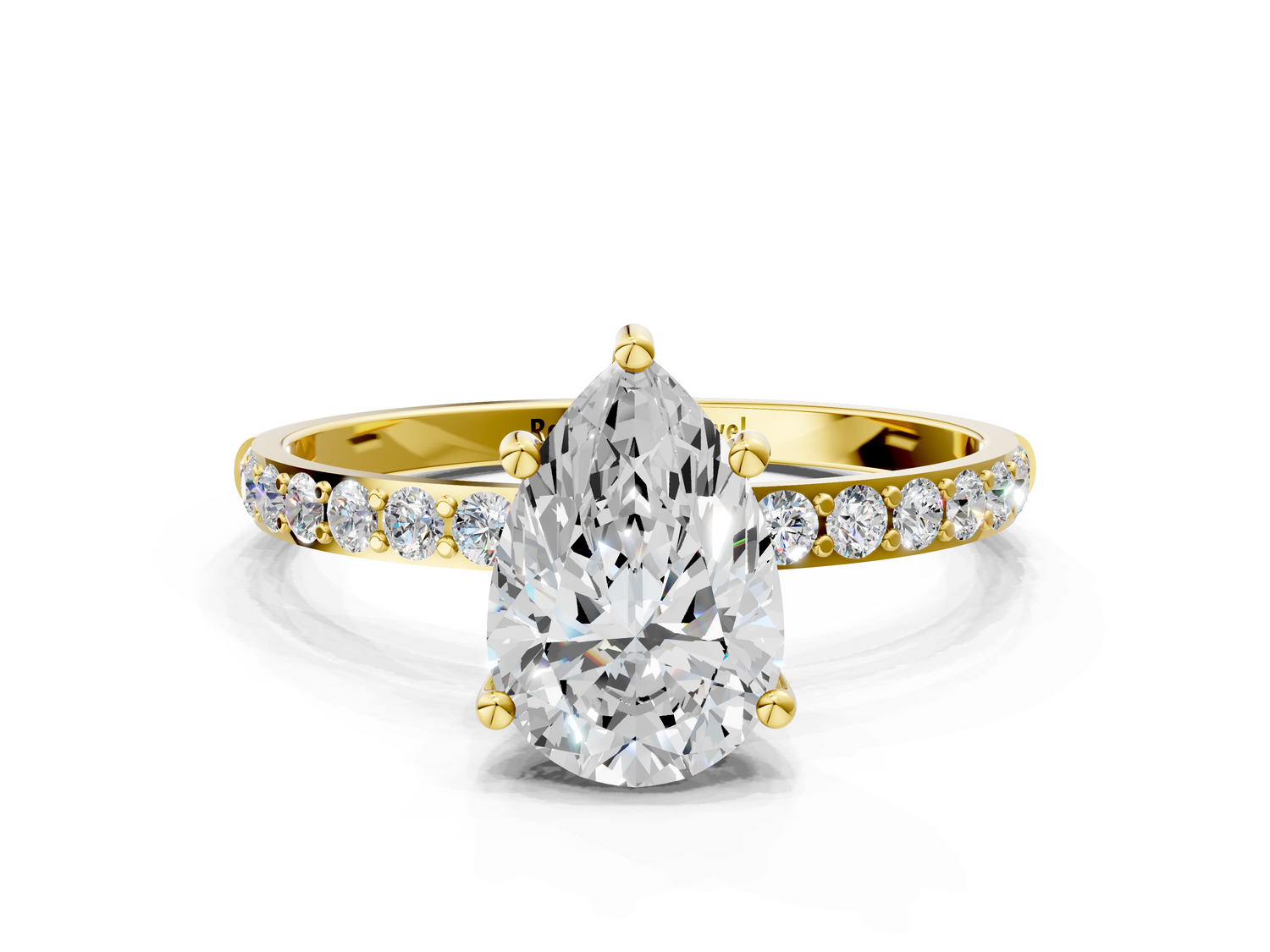 Yellow gold Pear Cut Diamond Pavé Band Solitaire Ring with Four-Prong Setting