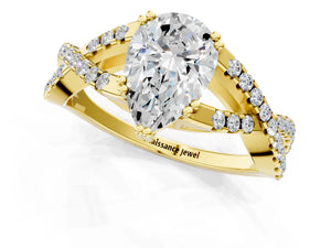 Yellow gold Pear Solitaire Twist Band with Pavé Setting and Four-Prong Setting_49