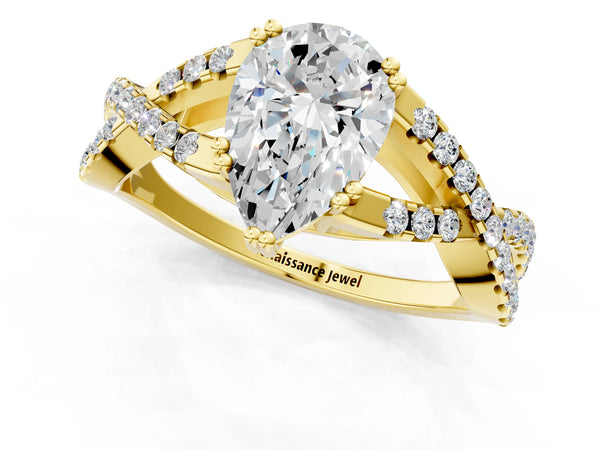 Yellow gold Pear Solitaire Twist Band with Pavé Setting and Four-Prong Setting_67