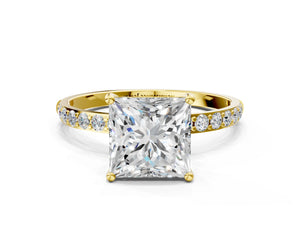 Yellow gold Princess Cut Diamond Pavé Band Solitaire Ring with Four-Prong Setting_36