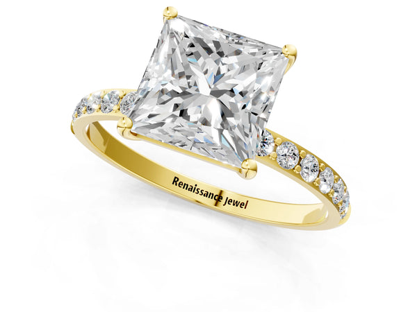 Yellow gold Princess Cut Diamond Pavé Band Solitaire Ring with Four-Prong Setting_37