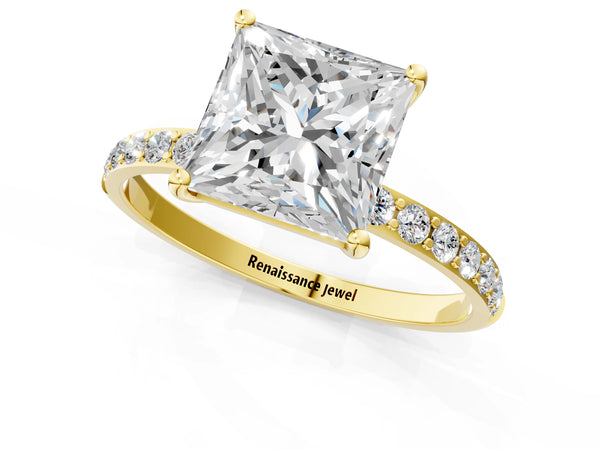 Yellow gold Princess Cut Diamond Pavé Band Solitaire Ring with Four-Prong Setting_55