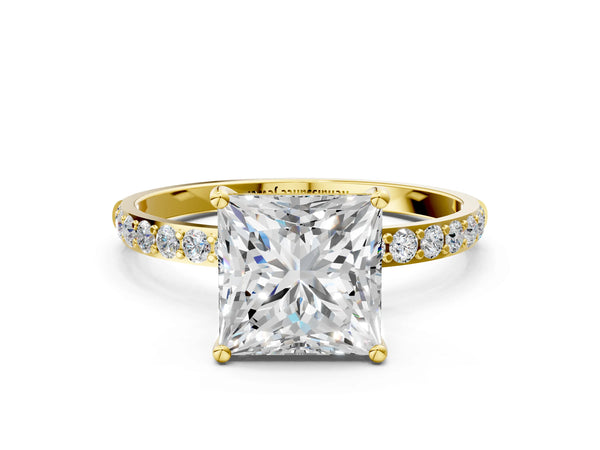 Yellow gold Princess Cut Diamond Pavé Band Solitaire Ring with Four-Prong Setting_72